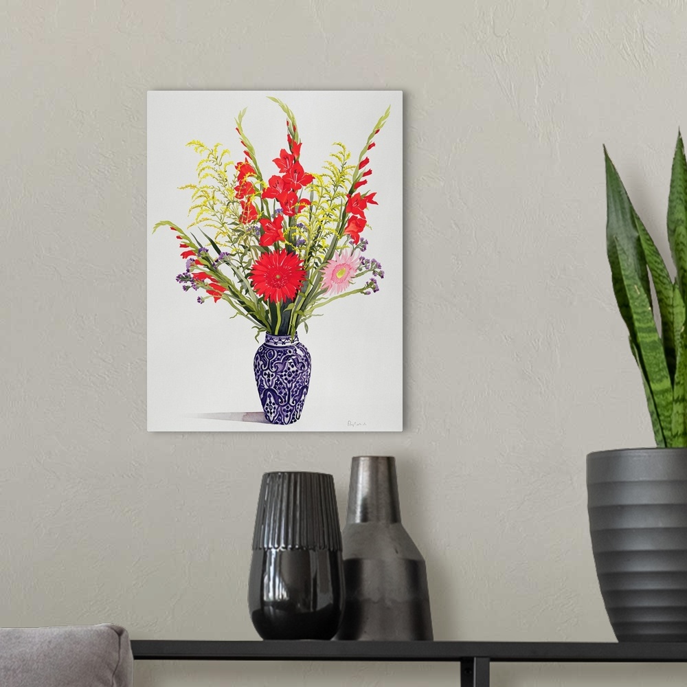 A modern room featuring Tiger Lilies, Gladioli, and Scabious in a Blue Moroccan Vase