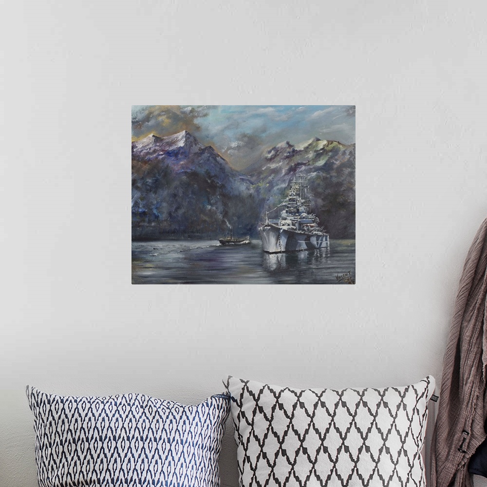 A bohemian room featuring Contemporary painting of a battle ship in a harbor surrounded by mountains.