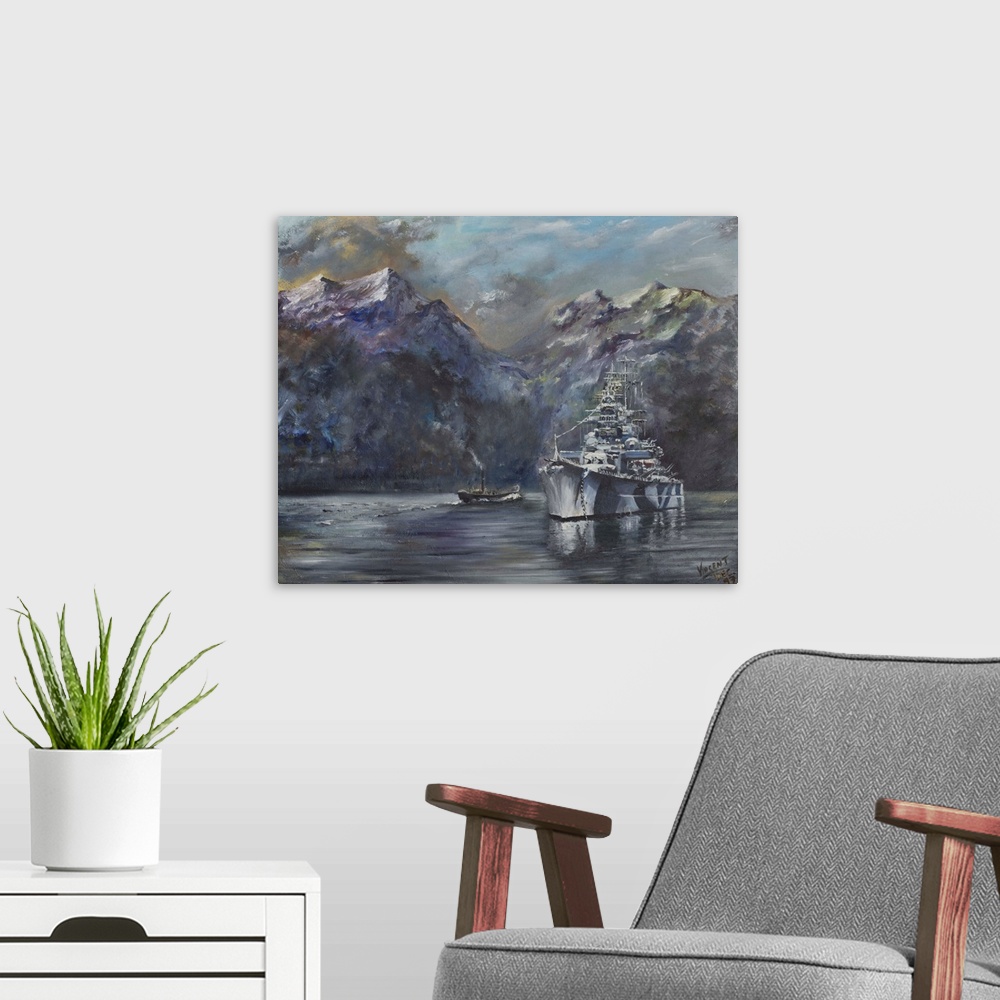 A modern room featuring Contemporary painting of a battle ship in a harbor surrounded by mountains.