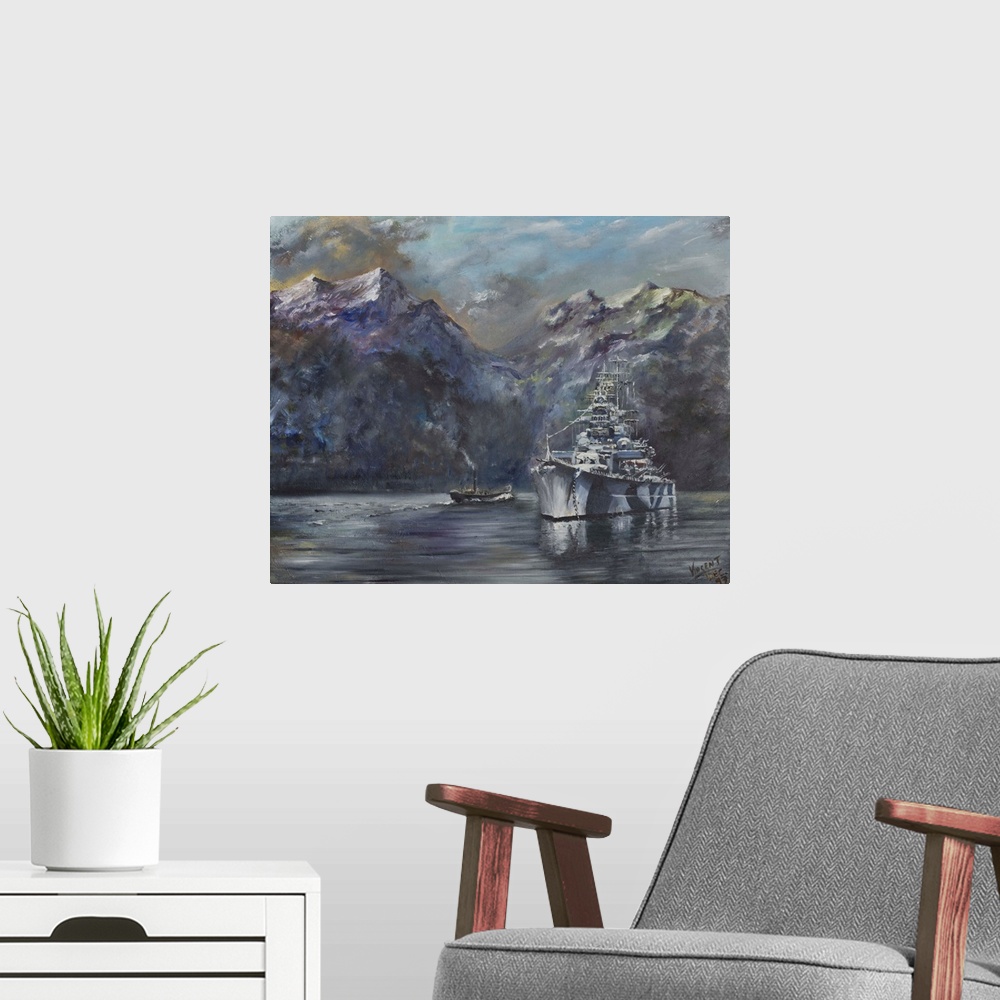 A modern room featuring Contemporary painting of a battle ship in a harbor surrounded by mountains.