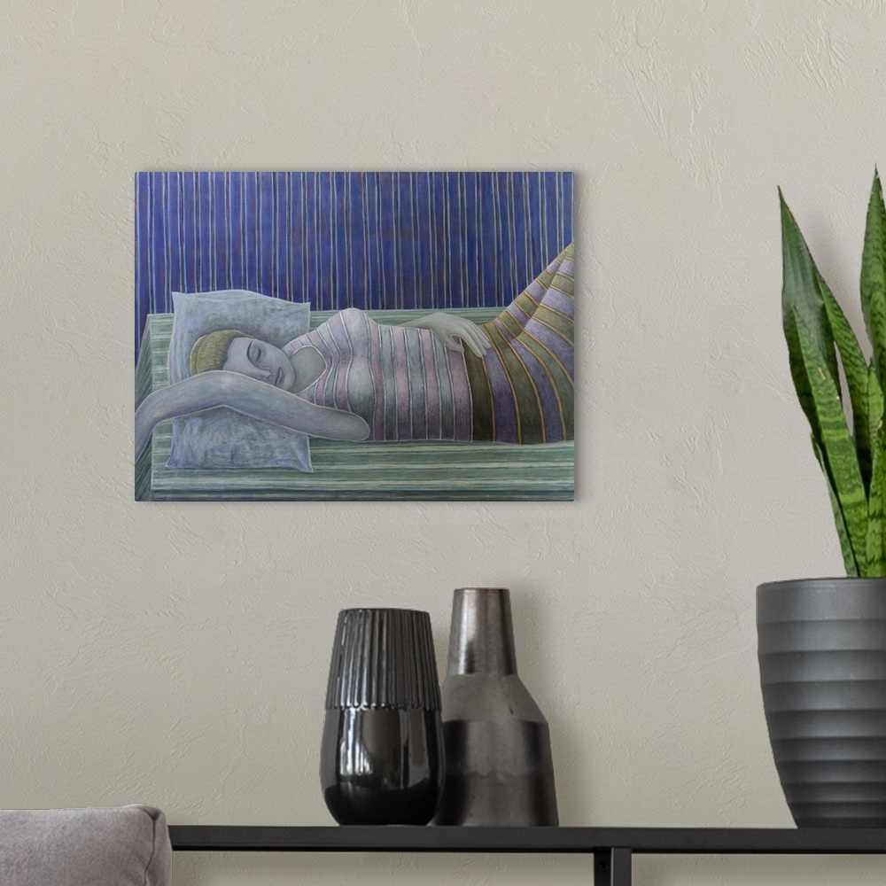 A modern room featuring To Sleep, Perchance to Dream, Stripes, 2014, oil on canvas.  By Ruth Addinall.
