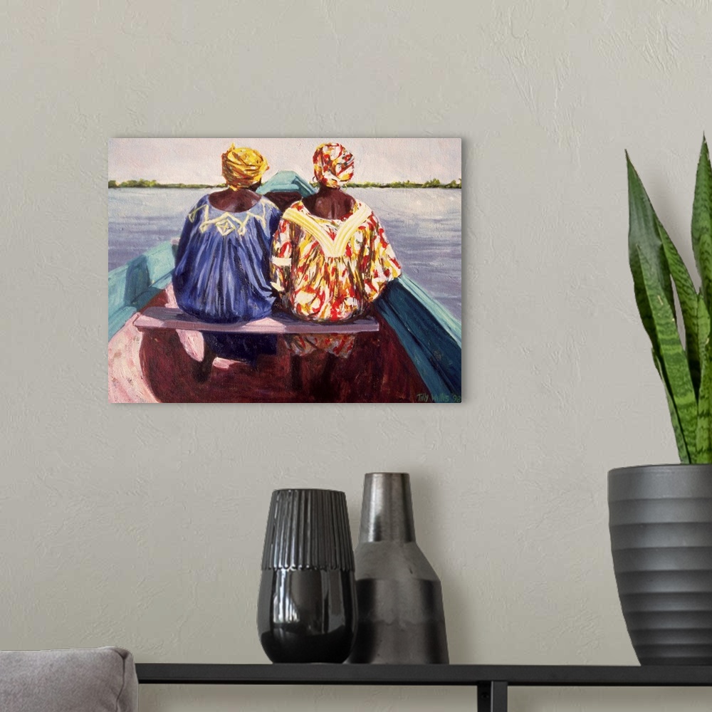 A modern room featuring Painting of two African woman sitting next to each other on a canoe style blue boat in the water ...