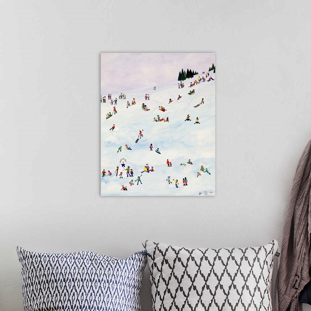 A bohemian room featuring Contemporary painting of people sledding down a snowy hill.