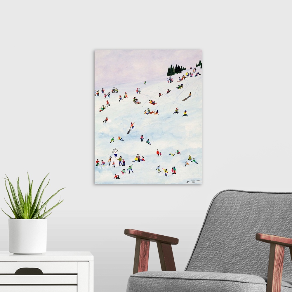 A modern room featuring Contemporary painting of people sledding down a snowy hill.