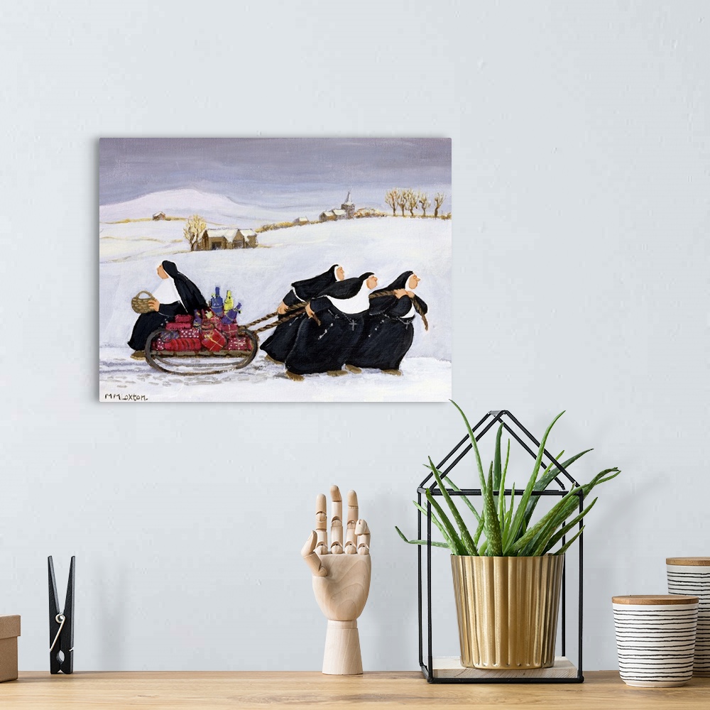 A bohemian room featuring Whimsical painting of nuns pulling a sled full of presents.