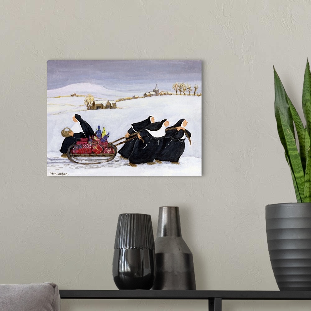 A modern room featuring Whimsical painting of nuns pulling a sled full of presents.