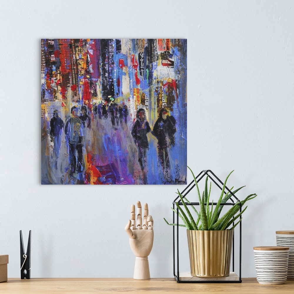A bohemian room featuring Contemporary painting of crowded streets of Tokyo.