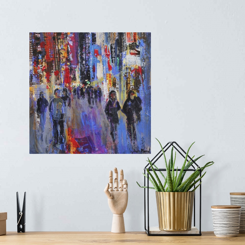 A bohemian room featuring Contemporary painting of crowded streets of Tokyo.