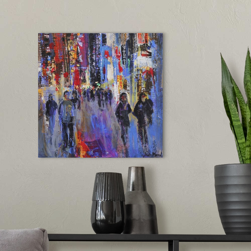 A modern room featuring Contemporary painting of crowded streets of Tokyo.