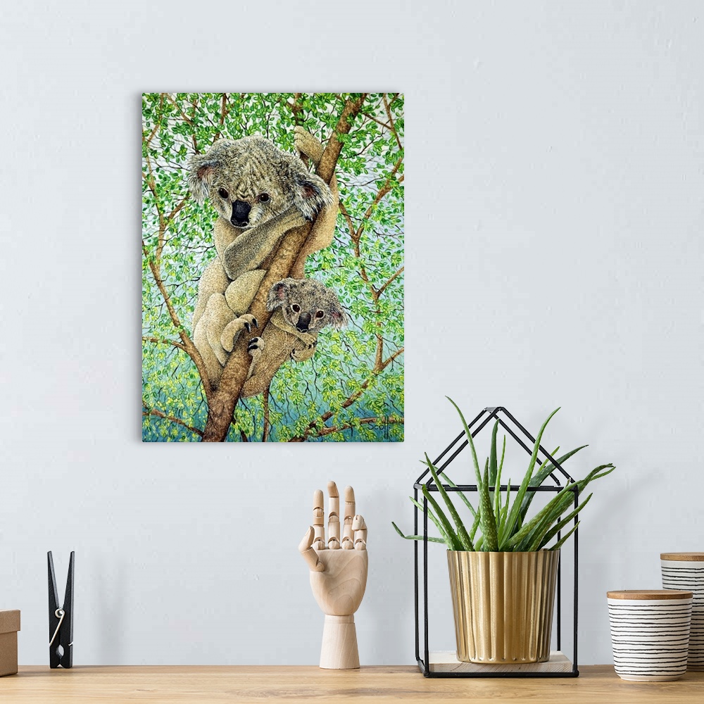 A bohemian room featuring Contemporary painting of a Koala and her baby in a tree.