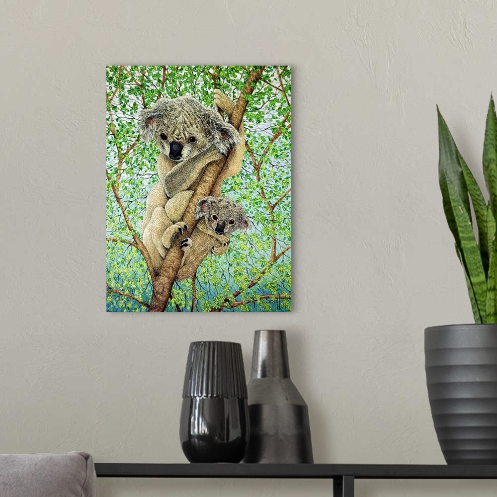 A modern room featuring Contemporary painting of a Koala and her baby in a tree.