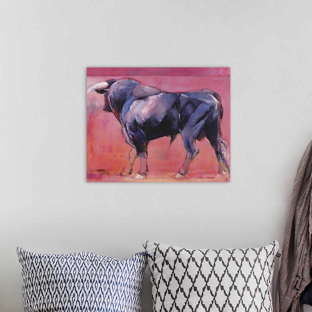 A bohemian room featuring Contemporary painting of a large black bull.
