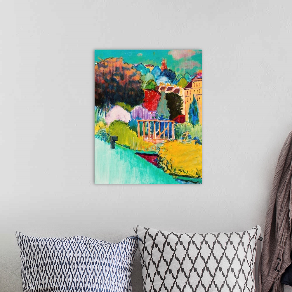 A bohemian room featuring Contemporary painting of a garden using vibrant colors.