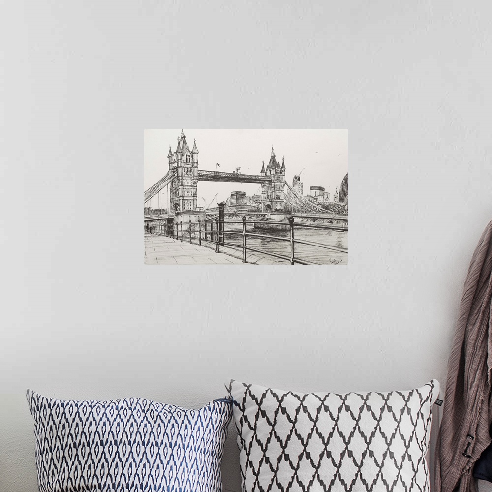 A bohemian room featuring Contemporary artwork of a the Tower Bridge in London.