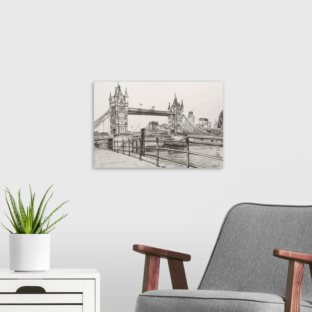 A modern room featuring Contemporary artwork of a the Tower Bridge in London.