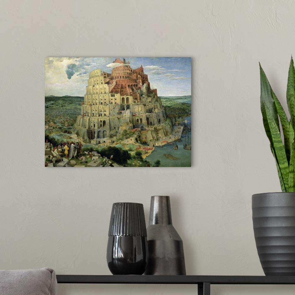 A modern room featuring XAM345 Tower of Babel, 1563 (oil on panel) (for details see 93768-69, 186437-186438)  by Bruegel,...