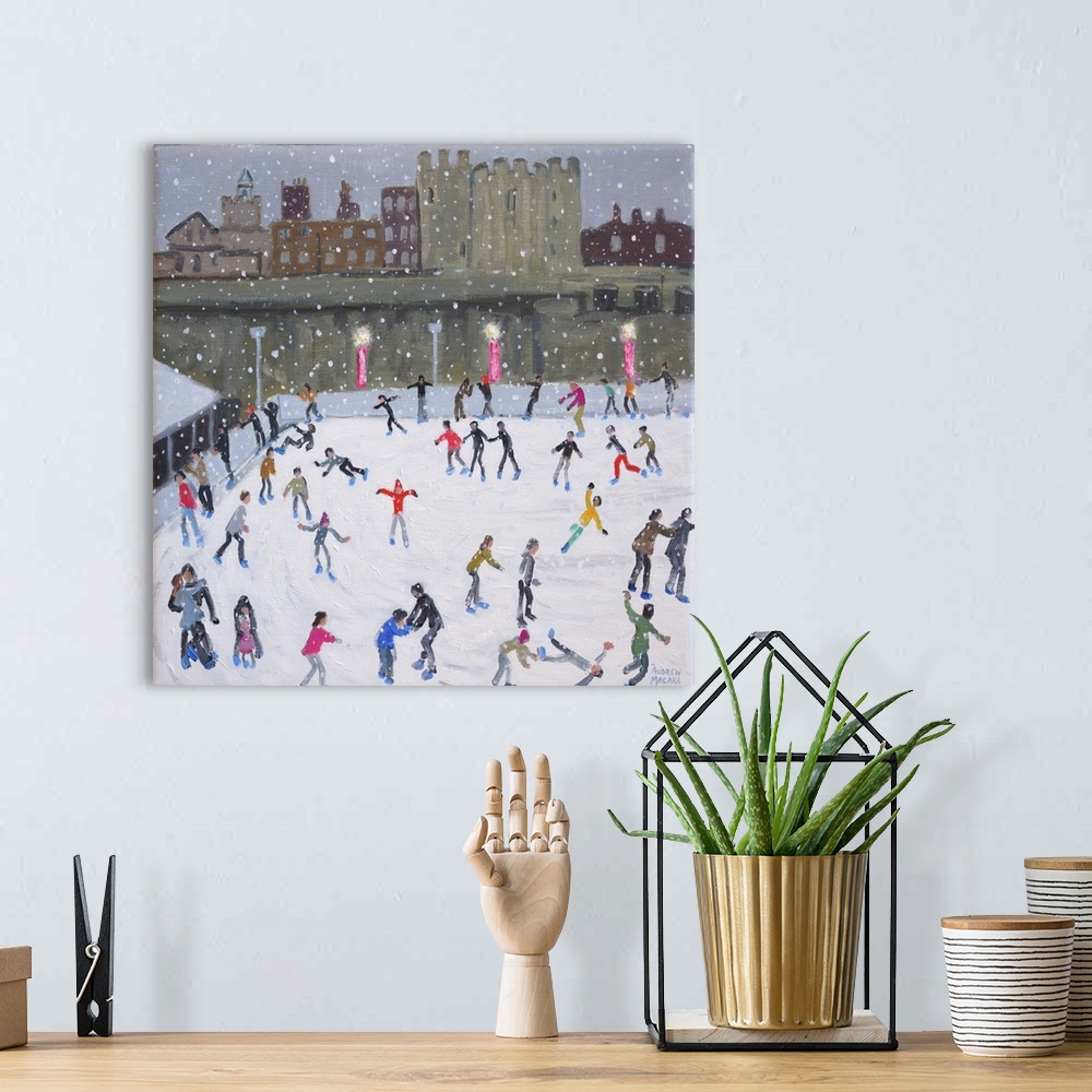 A bohemian room featuring Contemporary painting of a skating rink filled with ice skaters.