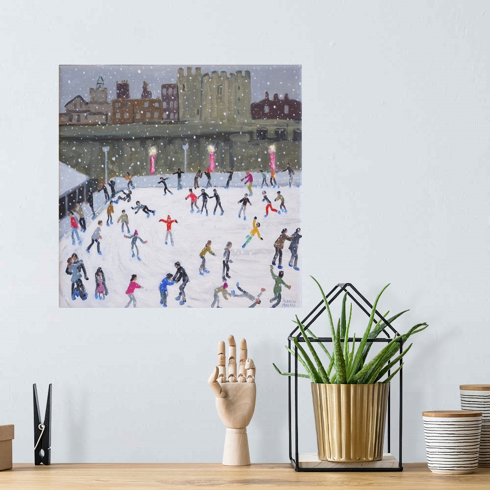 A bohemian room featuring Contemporary painting of a skating rink filled with ice skaters.