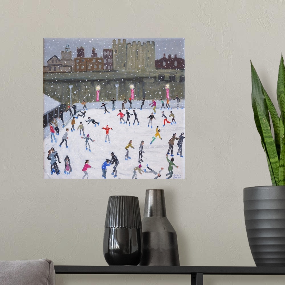A modern room featuring Contemporary painting of a skating rink filled with ice skaters.
