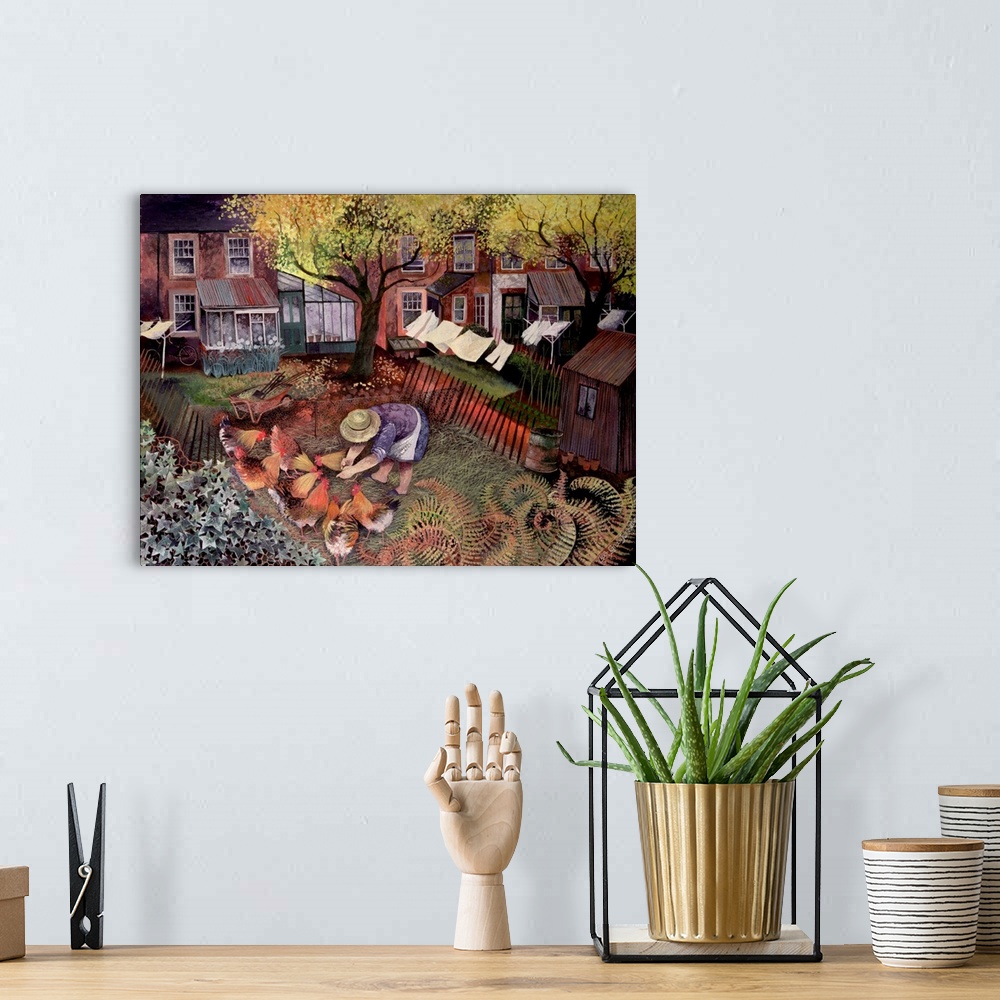 A bohemian room featuring Contemporary painting of a woman feeding chickens in her backyard.