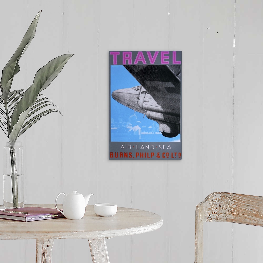 A farmhouse room featuring Contemporary artwork of an air travel poster.