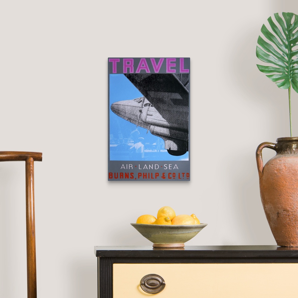 A traditional room featuring Contemporary artwork of an air travel poster.