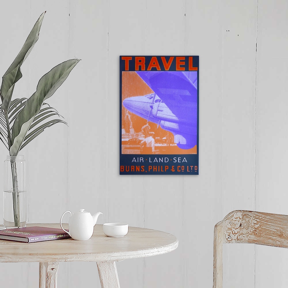 A farmhouse room featuring Contemporary artwork of a travel poster for Air Travel.