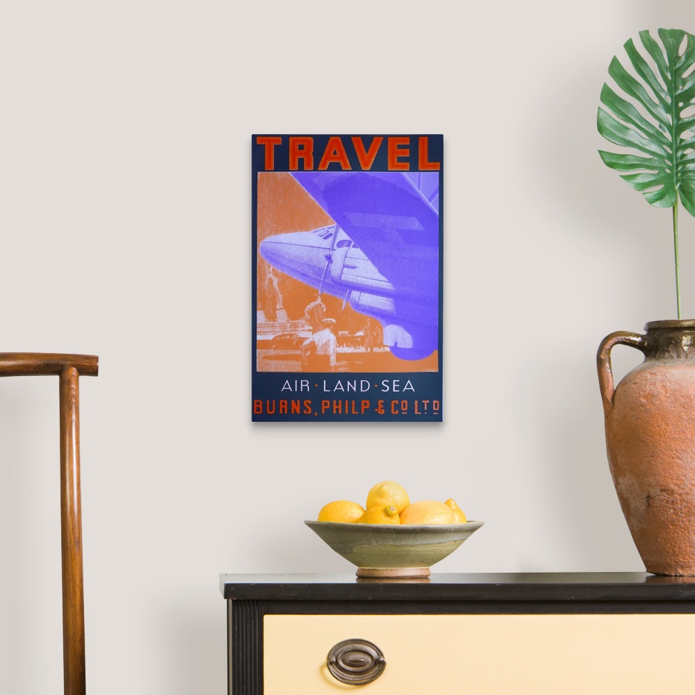 A traditional room featuring Contemporary artwork of a travel poster for Air Travel.