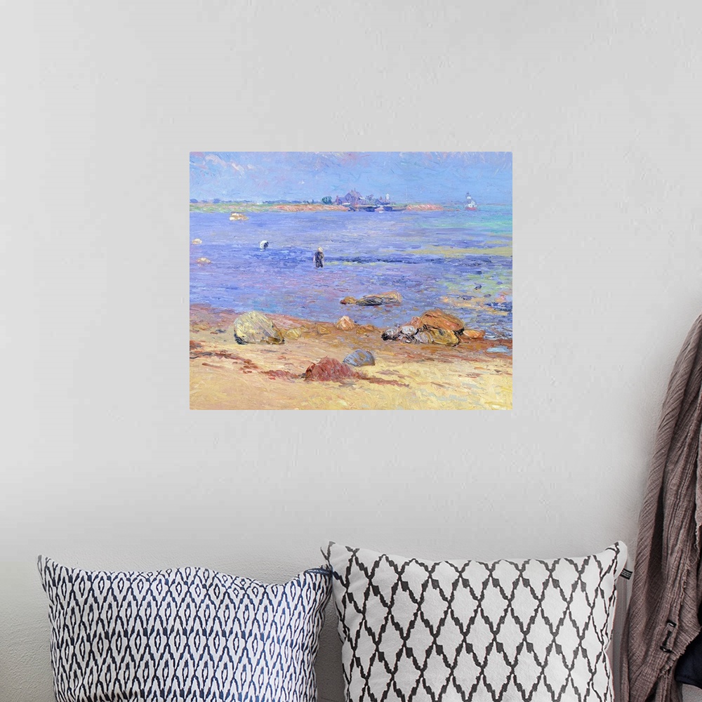 A bohemian room featuring Oil painting on canvas of two people looking for clams in an ocean.