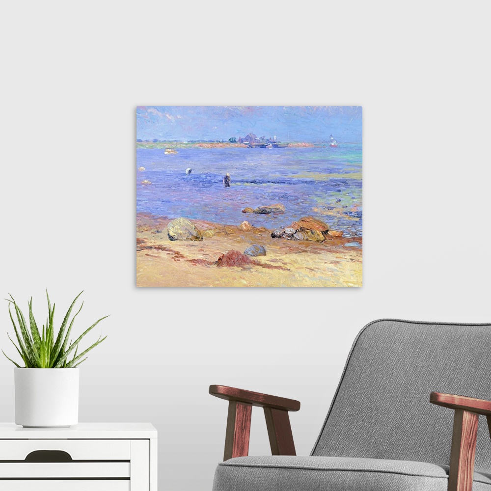 A modern room featuring Oil painting on canvas of two people looking for clams in an ocean.
