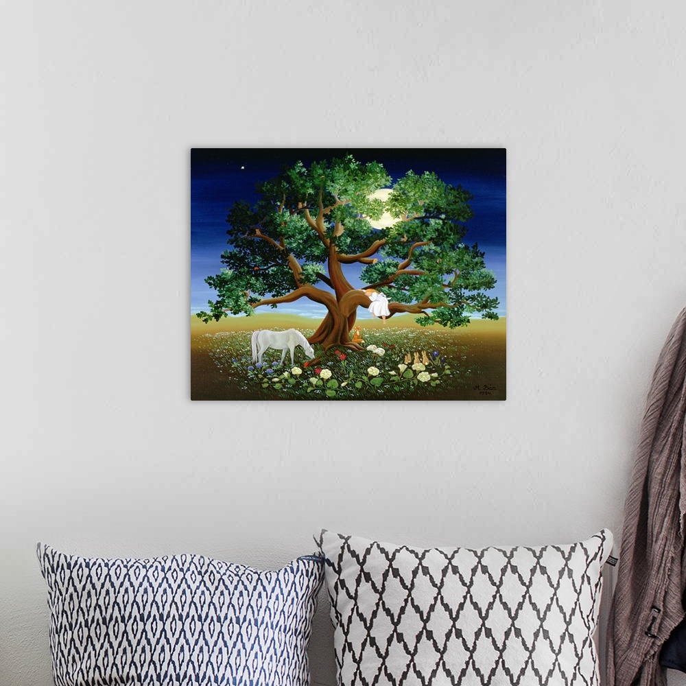A bohemian room featuring Fantasy painting of a girl sleeping on the branch of a large tree with many animals and plants be...
