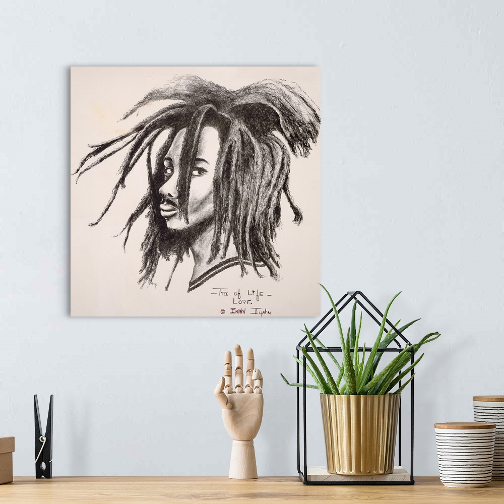 A bohemian room featuring Illustrated portrait of bearded man with dreadlocks.