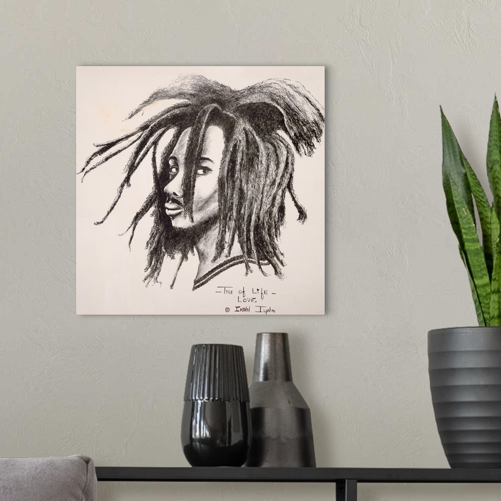 A modern room featuring Illustrated portrait of bearded man with dreadlocks.
