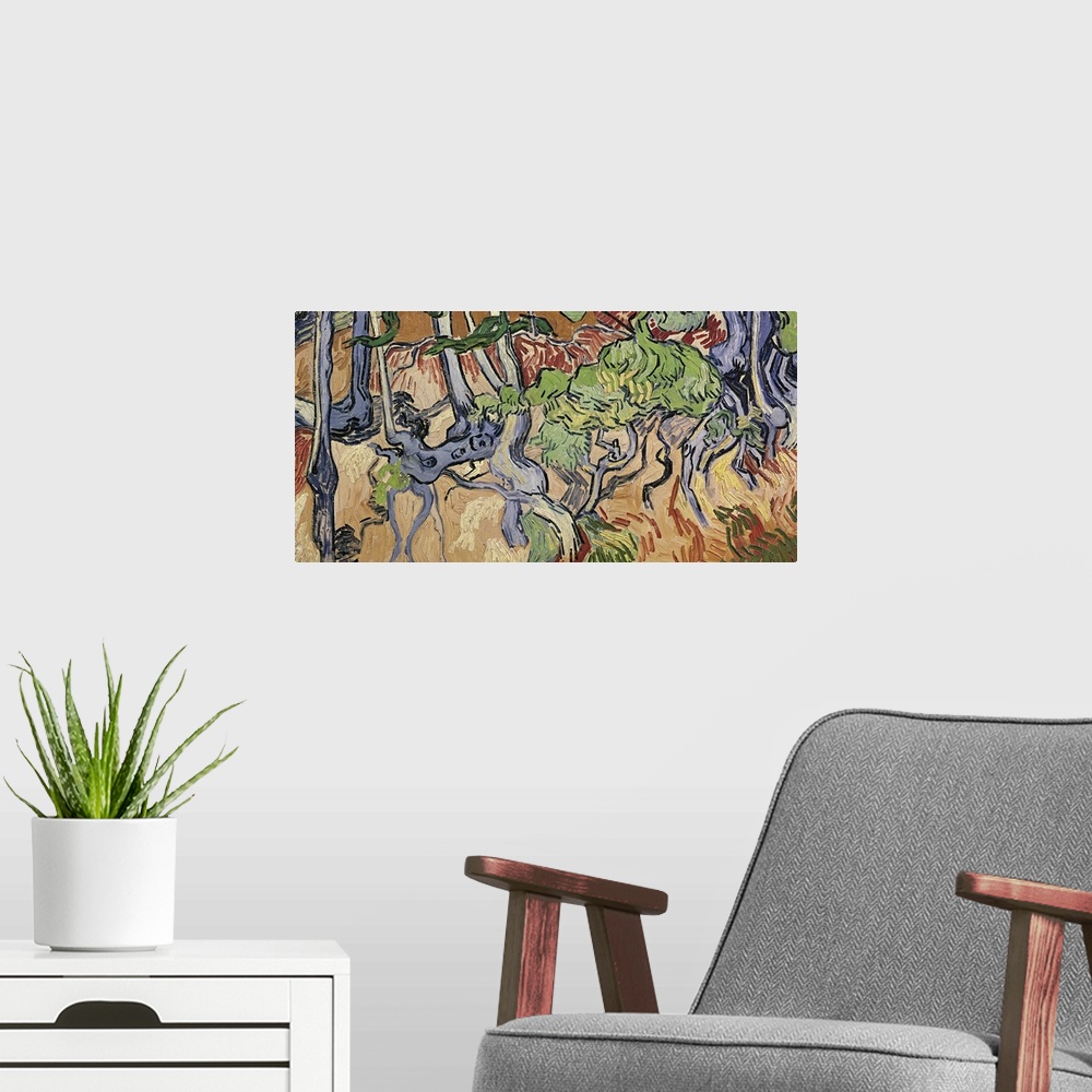 A modern room featuring Painting by Vincent Van Gogh or tree roots in the ground.