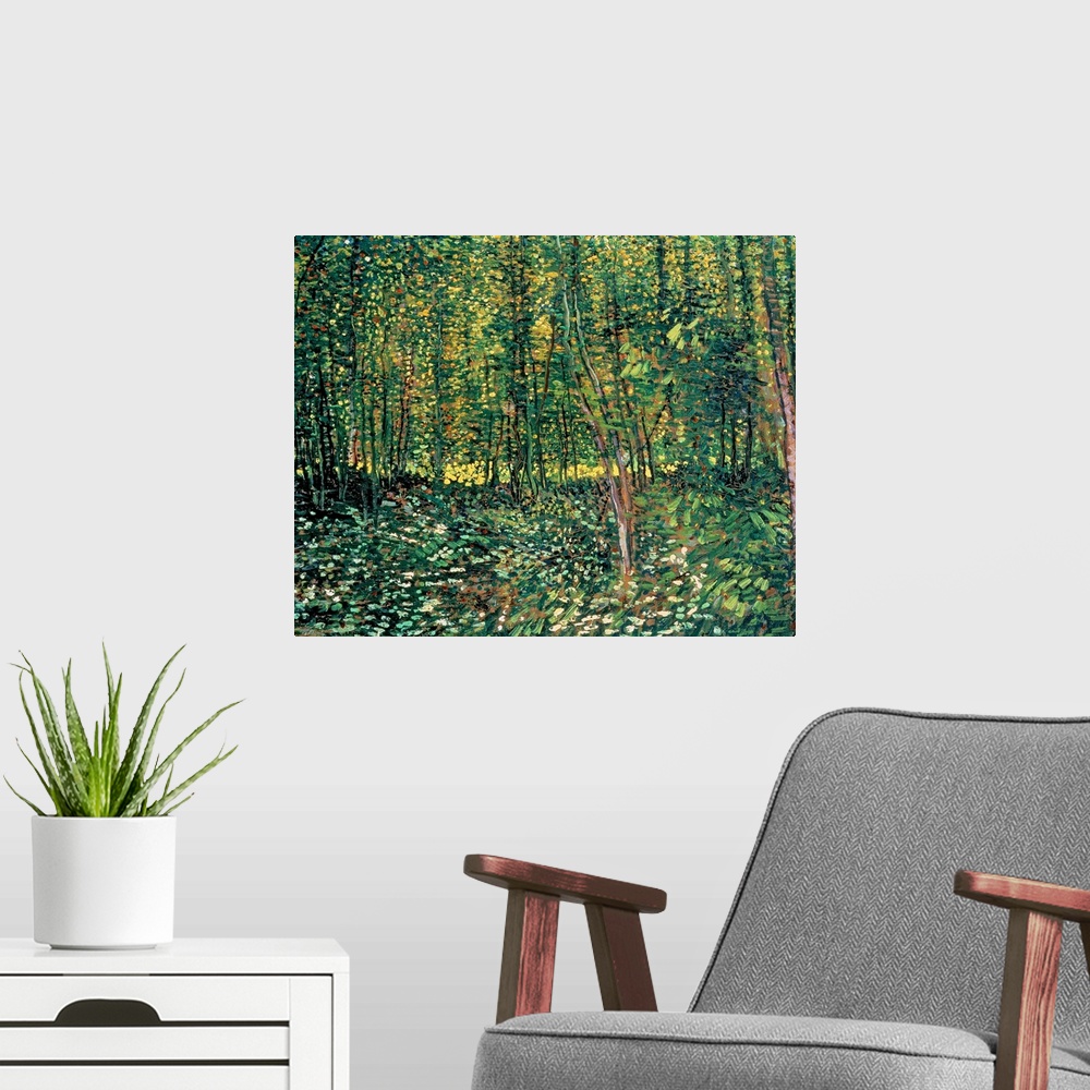 A modern room featuring Large classic art depicts a lush forest filled with trees and shrubbery through the use of an abu...