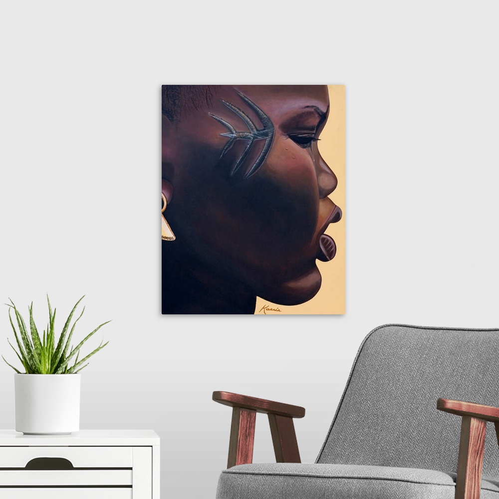 A modern room featuring Huge contemporary art focuses on the profile of a young woman's face that has a unique symbol imp...