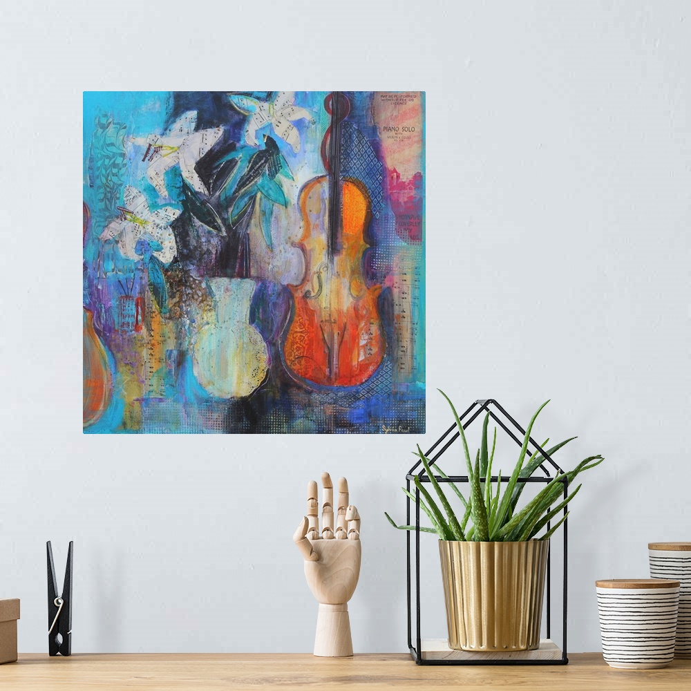 A bohemian room featuring Contemporary still-life painting of flowers in a vase beside a violin.