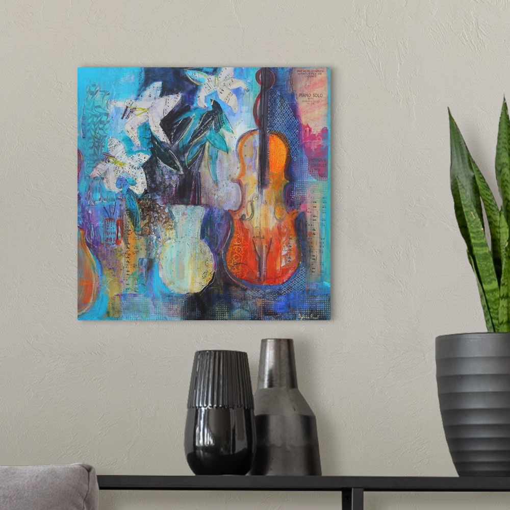 A modern room featuring Contemporary still-life painting of flowers in a vase beside a violin.