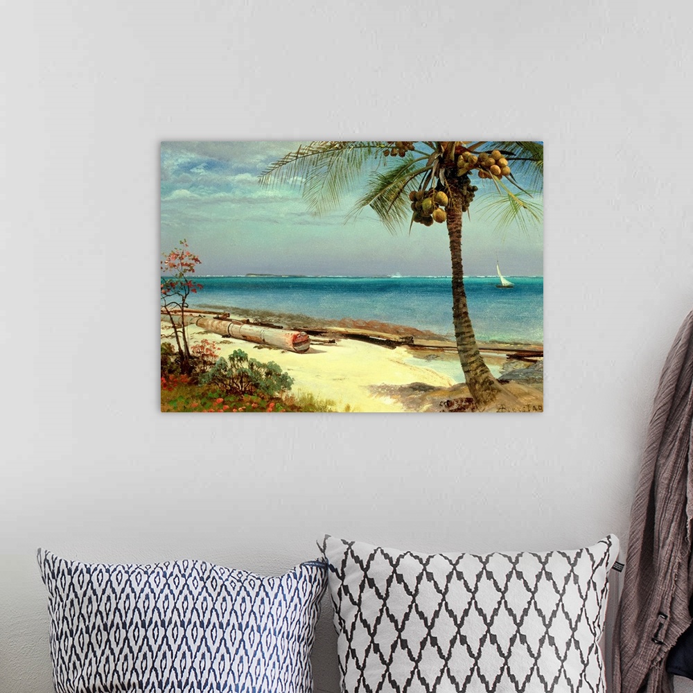 A bohemian room featuring Horizontal classic art painting on a large wall hanging of a coast line, a large palm on the beac...