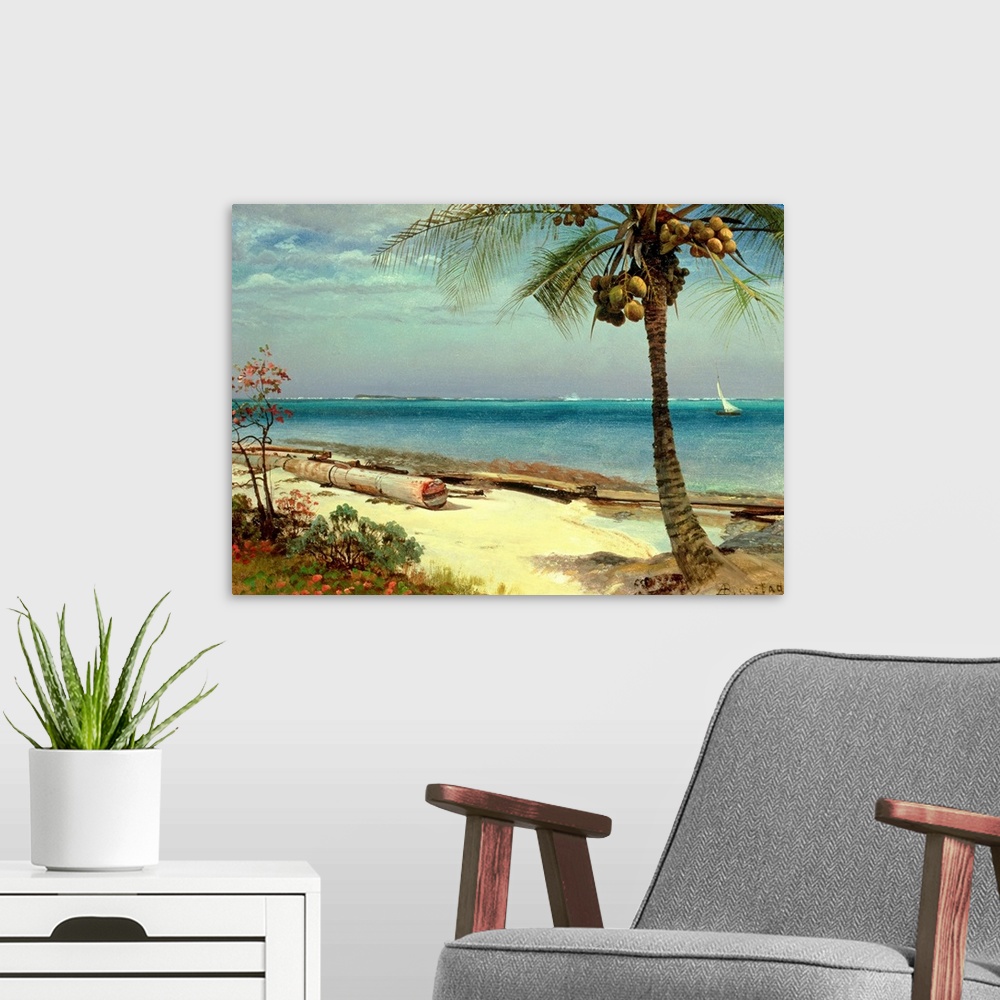 A modern room featuring Horizontal classic art painting on a large wall hanging of a coast line, a large palm on the beac...