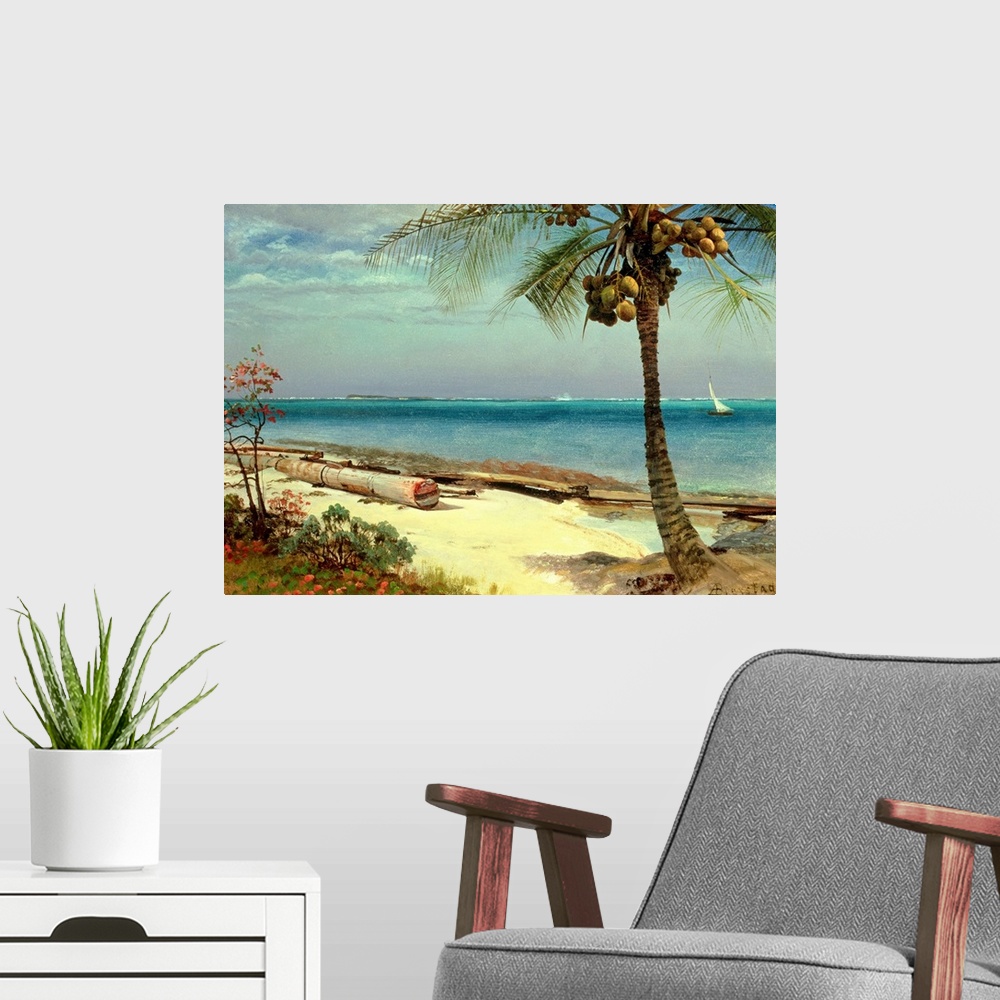 A modern room featuring Horizontal classic art painting on a large wall hanging of a coast line, a large palm on the beac...