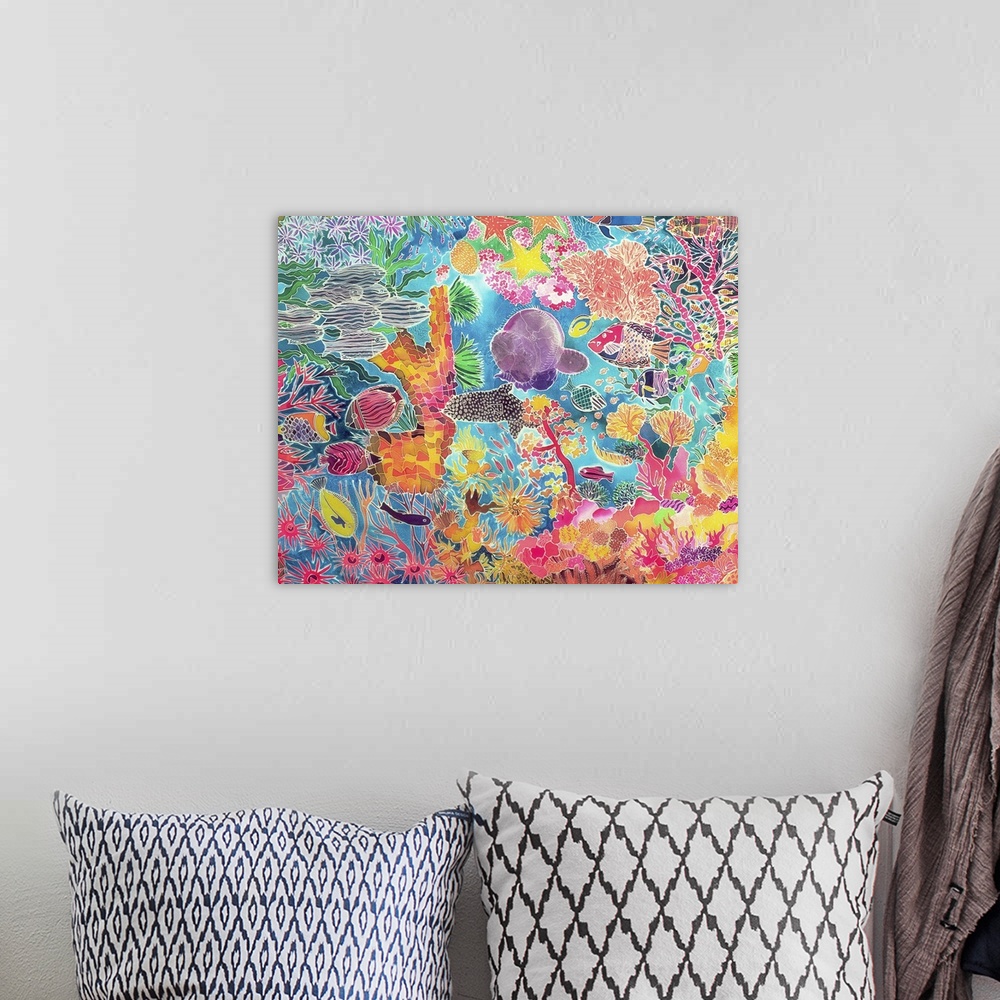 A bohemian room featuring Contemporary painting of a brightly colored tropical reef.