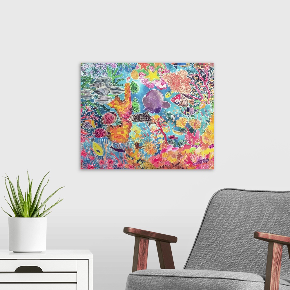 A modern room featuring Contemporary painting of a brightly colored tropical reef.