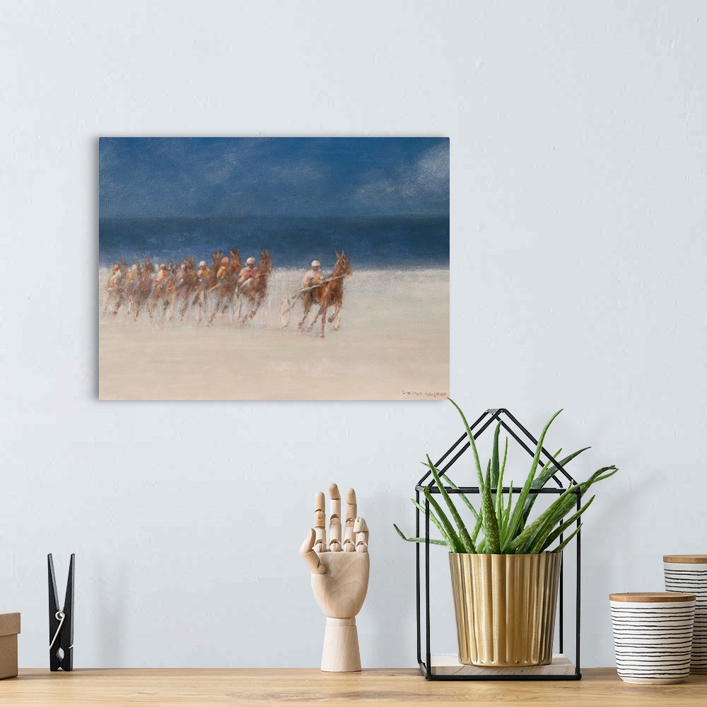 A bohemian room featuring Contemporary painting of a horserace on the beach in Brittany, France.