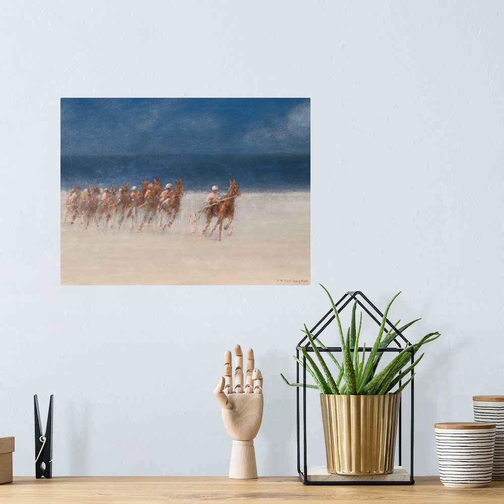 A bohemian room featuring Contemporary painting of a horserace on the beach in Brittany, France.