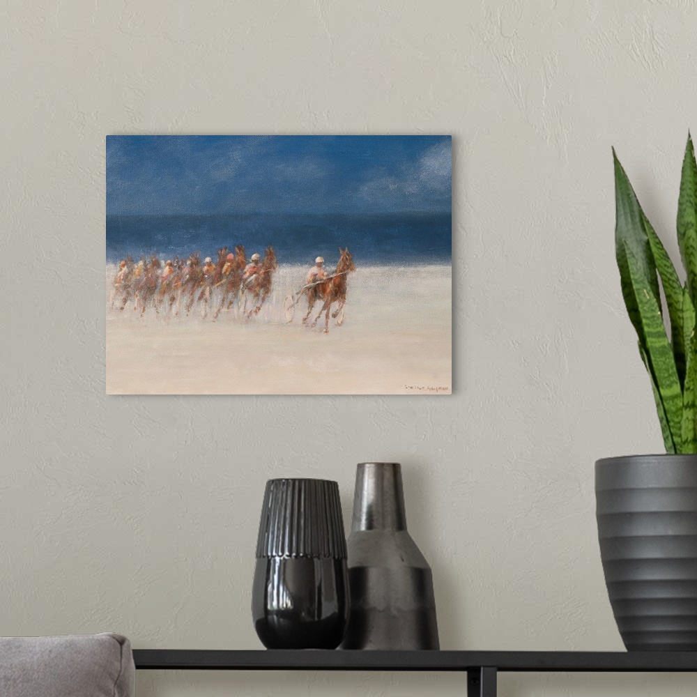 A modern room featuring Contemporary painting of a horserace on the beach in Brittany, France.
