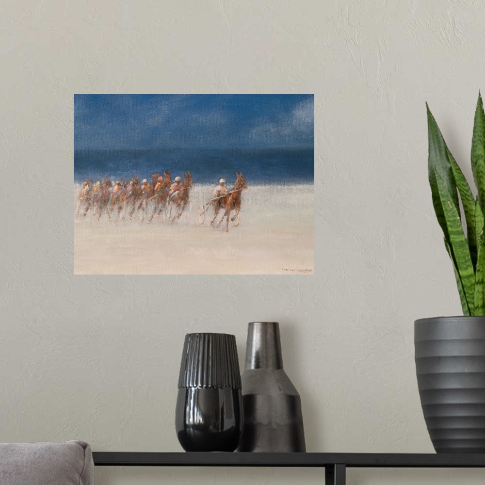 A modern room featuring Contemporary painting of a horserace on the beach in Brittany, France.