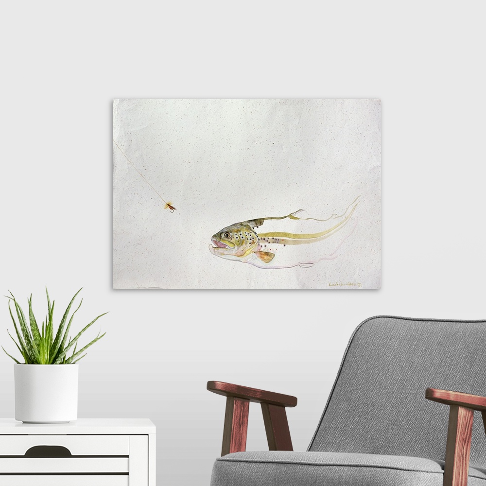 A modern room featuring Trout Chasing a Fisherman's Fly, 1991