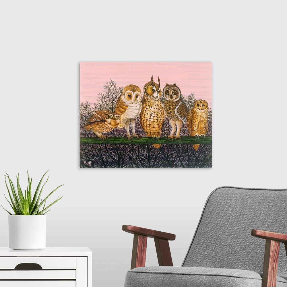 A modern room featuring Contemporary painting of five different species of owl.