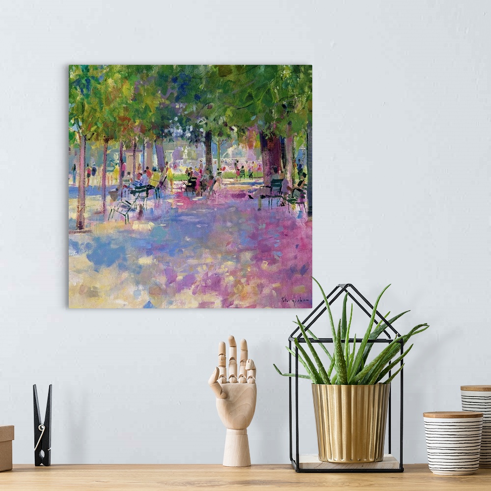 A bohemian room featuring Contemporary painting of park on a sunny day.   There is a wide path lined with huge trees and ch...